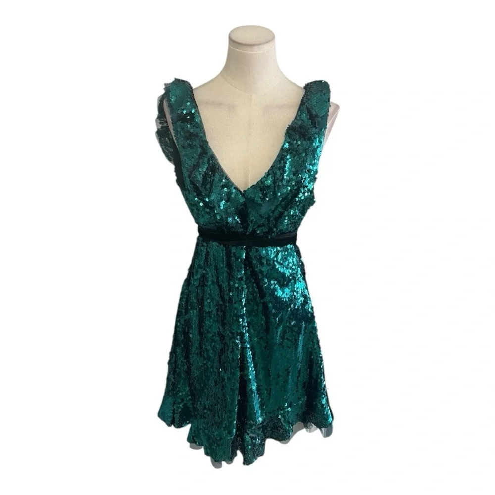 FREE PEOPLE‎ FP Green Sequin Siren Dress Mini Velvet Belt Size 8 Party Cocktail